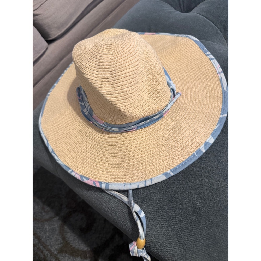 Jen & Co Womens Straw Sun Hat Wide Brim Flamingo Tropical Print Blue Pink Tan